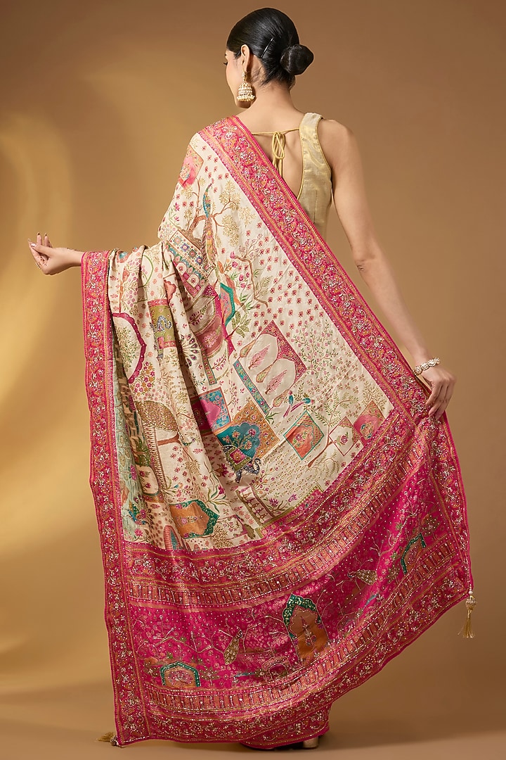 Cream Pashmina Silk Floral Party Wear Saree Set by Narmadeshwari at Pernia's Pop Up Shop