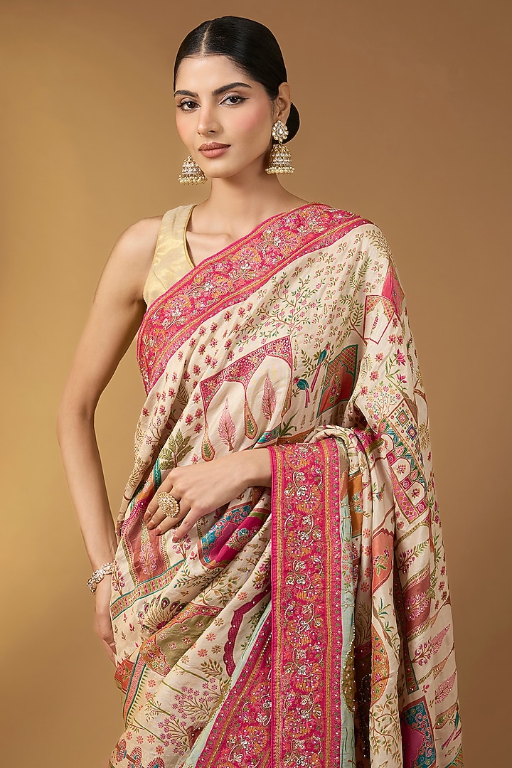 Cream Pashmina Silk Floral Party Wear Saree Set by Narmadeshwari at Pernia's Pop Up Shop