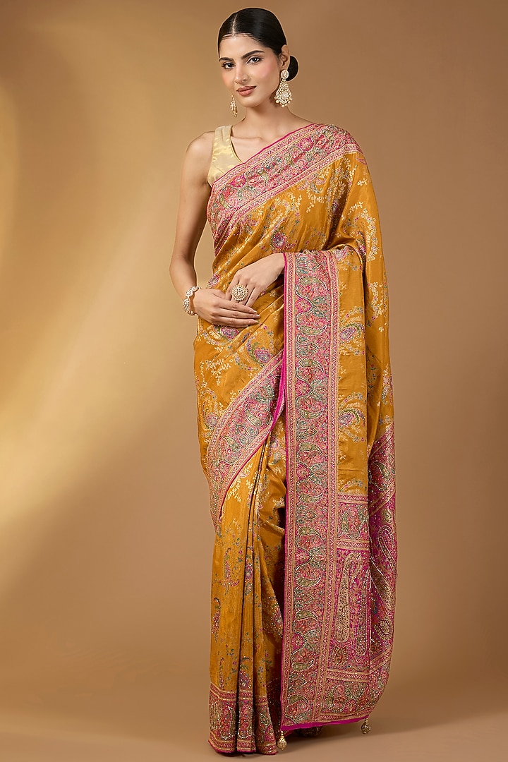 Mustard Yellow Pashmina Silk Floral Party Wear Saree Set by Narmadeshwari at Pernia's Pop Up Shop