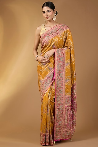 Mustard Yellow Pashmina Silk Floral Saree Set by Narmadeshwari
