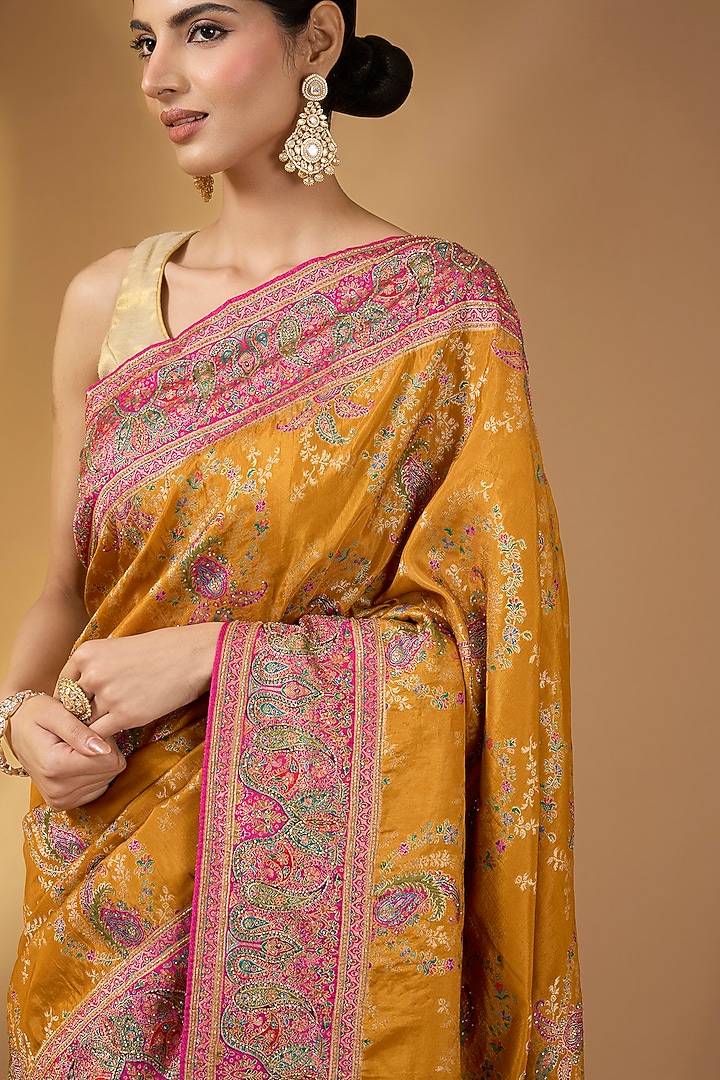 Mustard Yellow Pashmina Silk Floral Party Wear Saree Set by Narmadeshwari at Pernia's Pop Up Shop