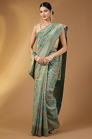 Mint Green Crepe Silk Floral Saree Set by Narmadeshwari