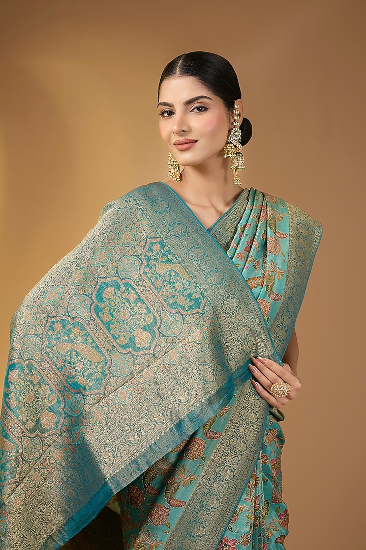 Mint Green Crepe Silk Floral Party Wear Saree Set by Narmadeshwari at Pernia's Pop Up Shop