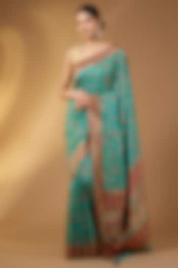 Rama Green Pashmina Silk Zari Border Party Wear Saree Set by NARMADESHWARI at Pernia's Pop Up Shop