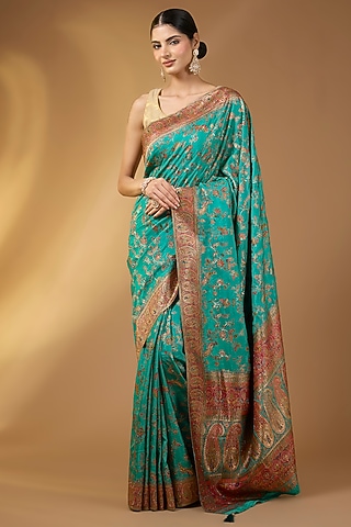 Rama Green Pashmina Silk Zari Border Saree Set by NARMADESHWARI