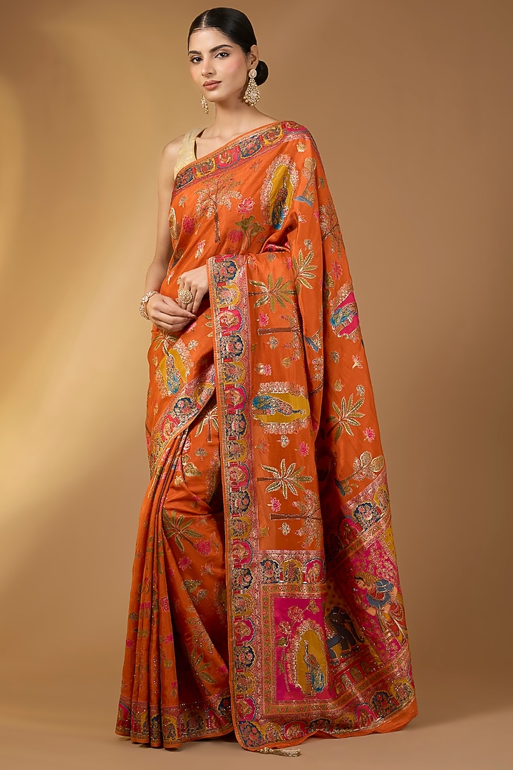 Rust Pashmina Silk Peacock Motif Party Wear Saree Set by NARMADESHWARI at Pernia's Pop Up Shop