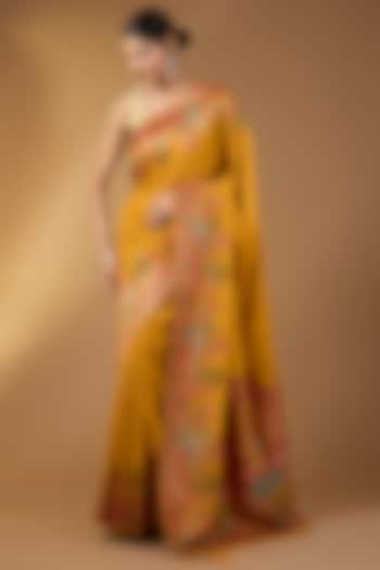 Mustard Yellow Crepe Silk Floral Festive Saree Set by NARMADESHWARI at Pernia's Pop Up Shop