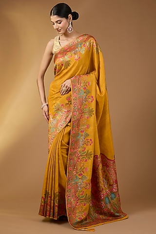Mustard Yellow Crepe Silk Floral Saree Set by NARMADESHWARI