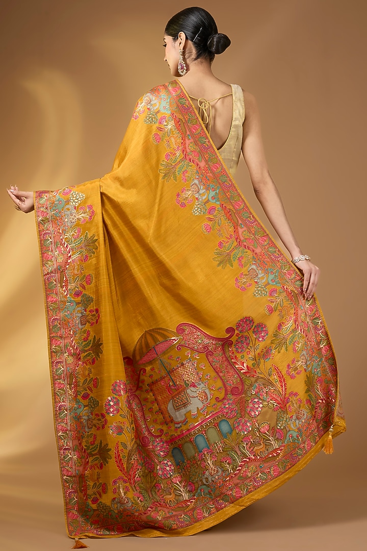 Mustard Yellow Crepe Silk Floral Festive Saree Set by NARMADESHWARI at Pernia's Pop Up Shop