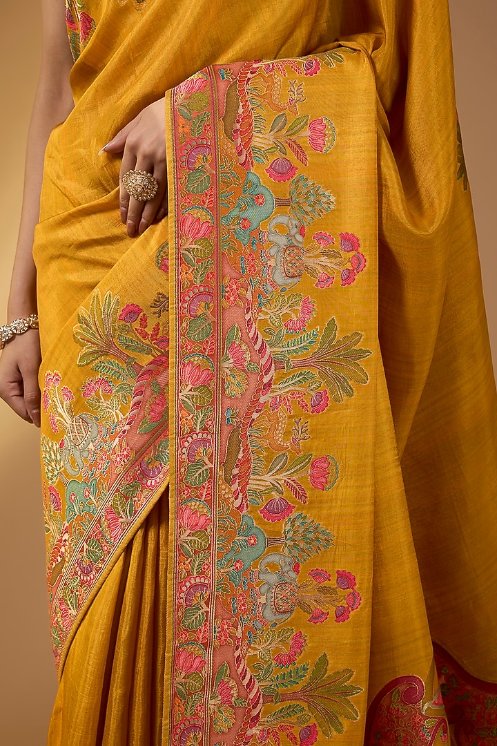 Mustard Yellow Crepe Silk Floral Festive Saree Set by NARMADESHWARI at Pernia's Pop Up Shop