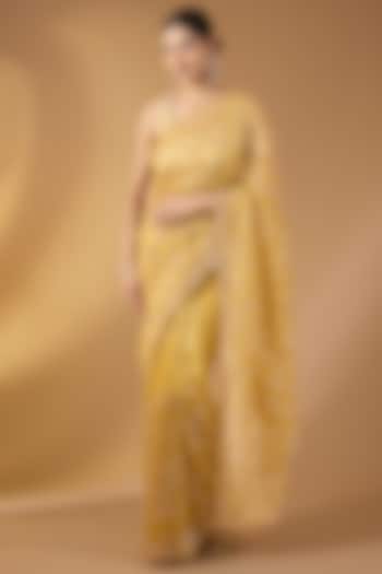 Lemon Yellow Tissue Georgette Floral Festive Saree Set by NARMADESHWARI at Pernia's Pop Up Shop