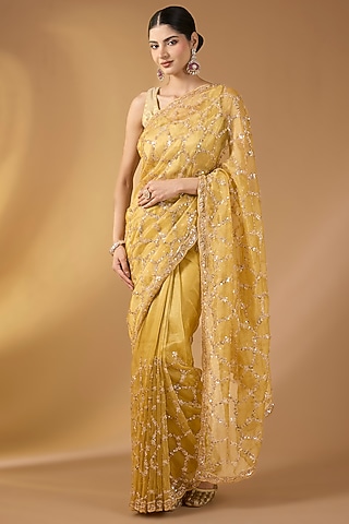 Lemon Yellow Tissue Georgette Floral Saree Set by NARMADESHWARI
