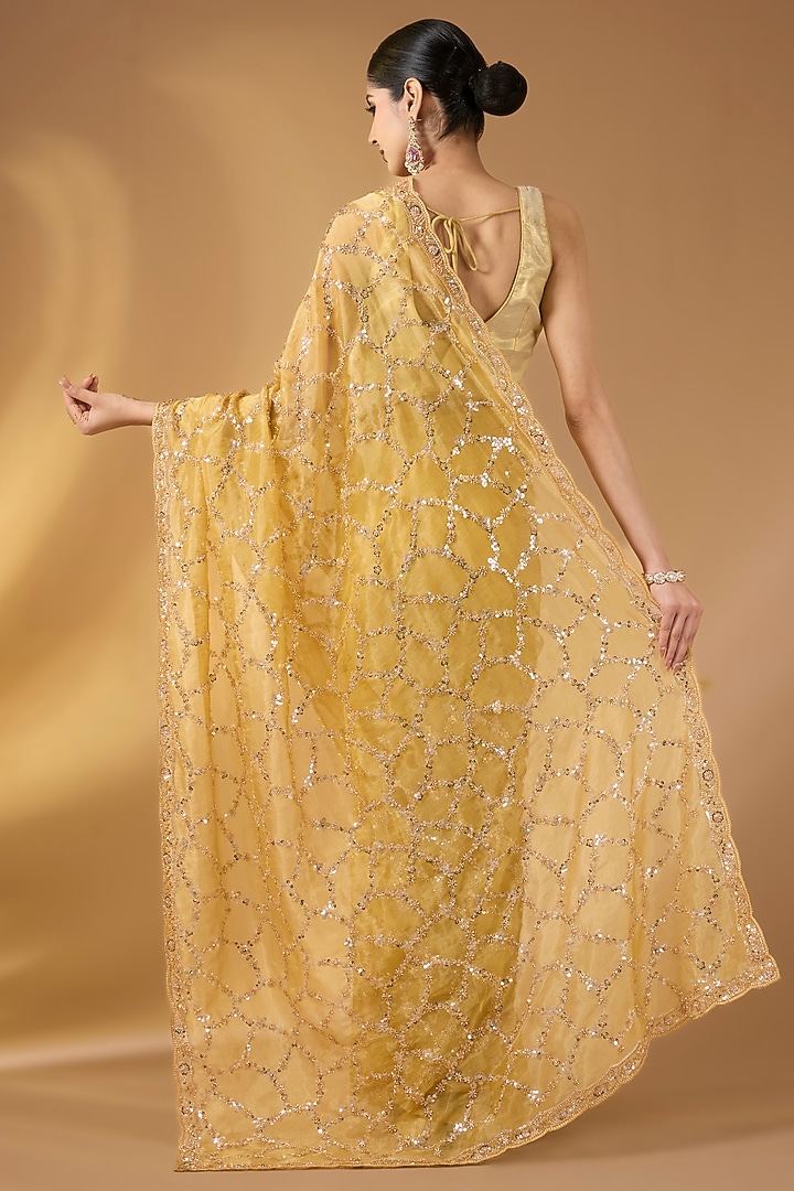 Lemon Yellow Tissue Georgette Floral Festive Saree Set by NARMADESHWARI at Pernia's Pop Up Shop