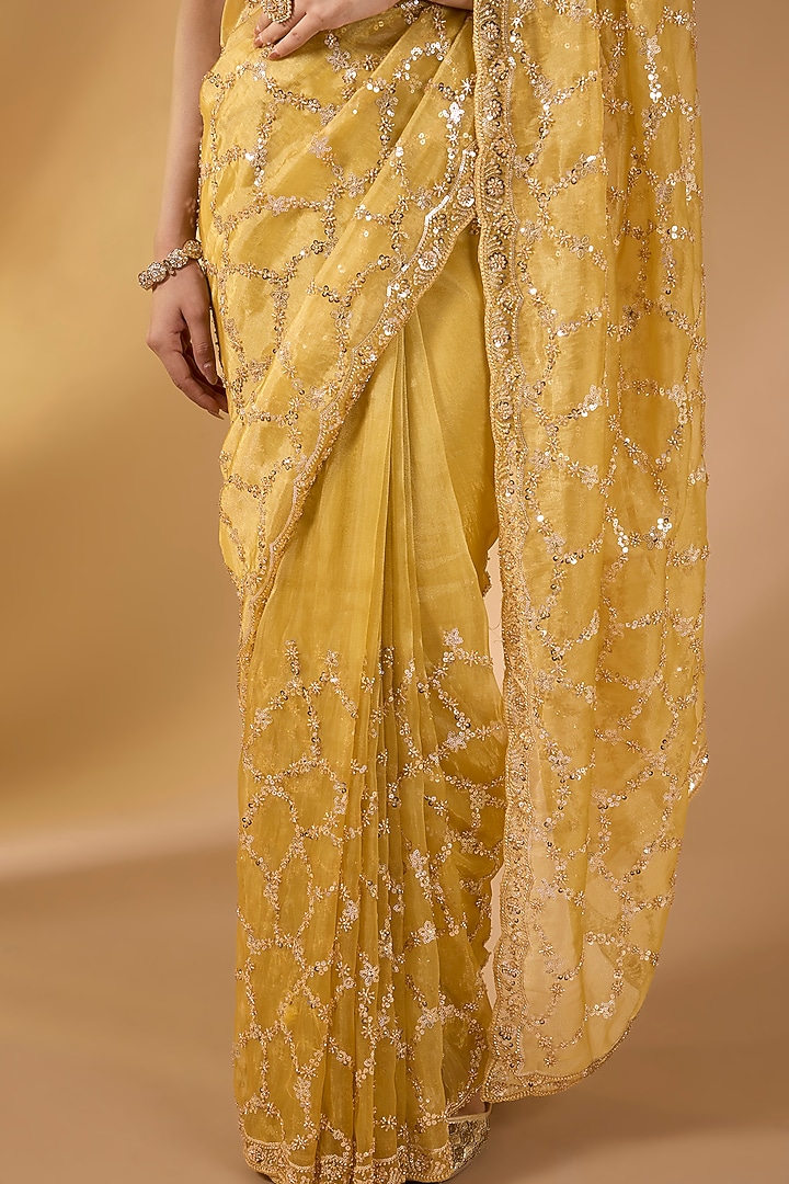 Lemon Yellow Tissue Georgette Floral Festive Saree Set by NARMADESHWARI at Pernia's Pop Up Shop