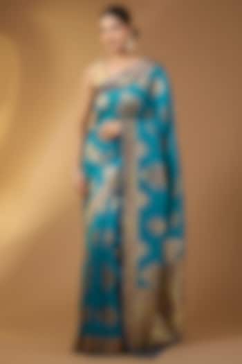 Teal Blue Paper Silk Zari Party Wear Saree Set by NARMADESHWARI at Pernia's Pop Up Shop