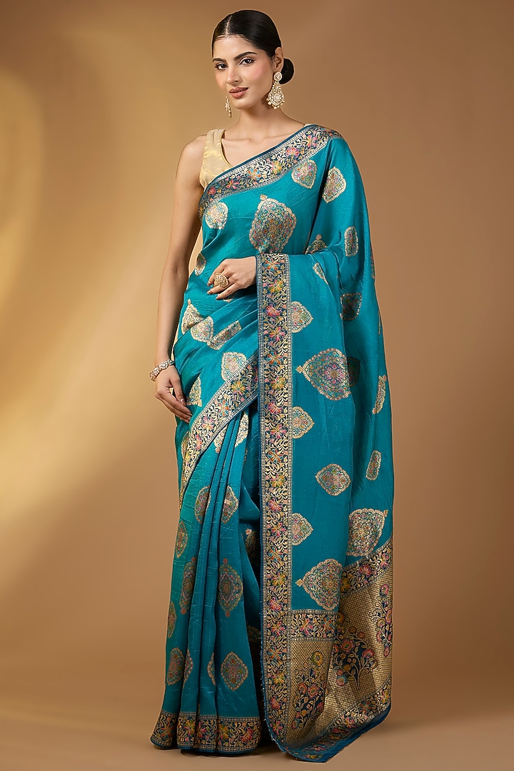 Teal Blue Paper Silk Zari Party Wear Saree Set by NARMADESHWARI at Pernia's Pop Up Shop
