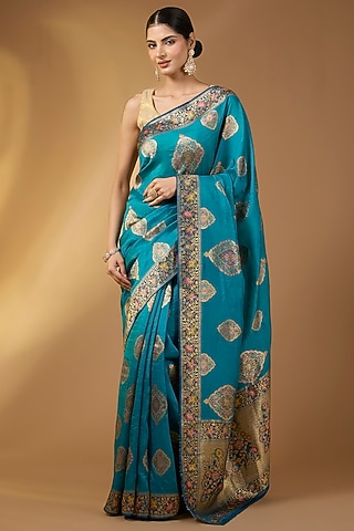 Teal Blue Paper Silk Zari Saree Set by NARMADESHWARI