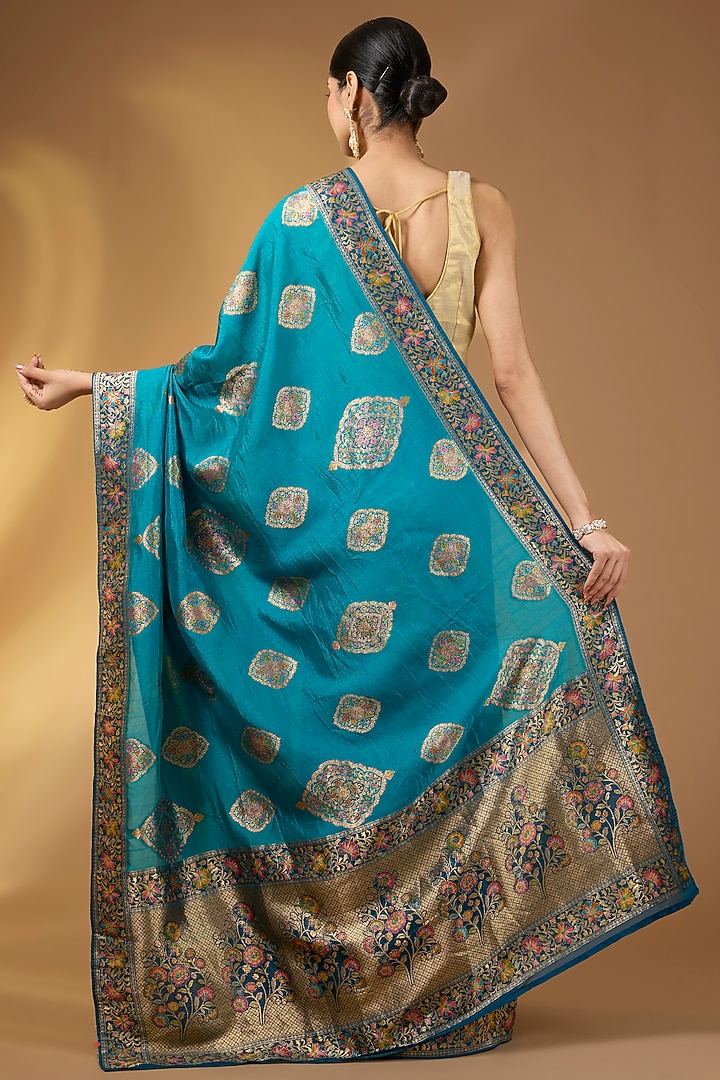 Teal Blue Paper Silk Zari Party Wear Saree Set by NARMADESHWARI at Pernia's Pop Up Shop