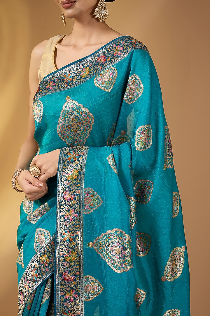 Teal Blue Paper Silk Zari Party Wear Saree Set by NARMADESHWARI at Pernia's Pop Up Shop