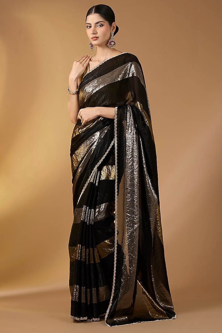Black Georgette Gota-Patti Festive Saree Set by NARMADESHWARI at Pernia's Pop Up Shop