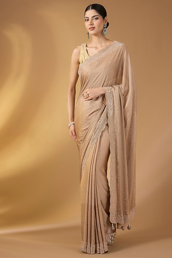Beige Satin Swarovski Work Party Wear Saree Set by NARMADESHWARI at Pernia's Pop Up Shop