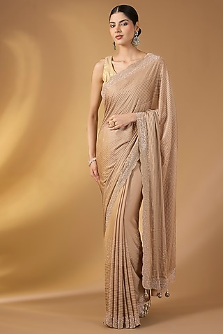 Beige Satin Swarovski Work Saree Set by NARMADESHWARI
