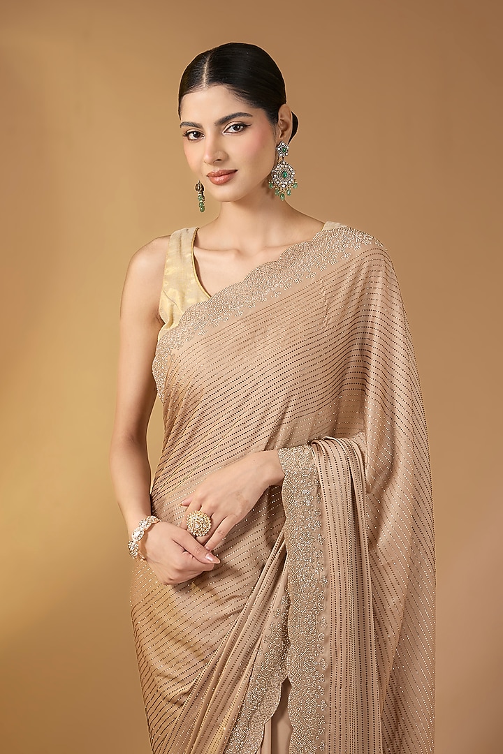 Beige Satin Swarovski Work Party Wear Saree Set by NARMADESHWARI at Pernia's Pop Up Shop