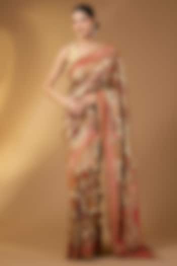 Beige Pashmina Silk Peacock Motif Party Wear Saree Set by NARMADESHWARI at Pernia's Pop Up Shop