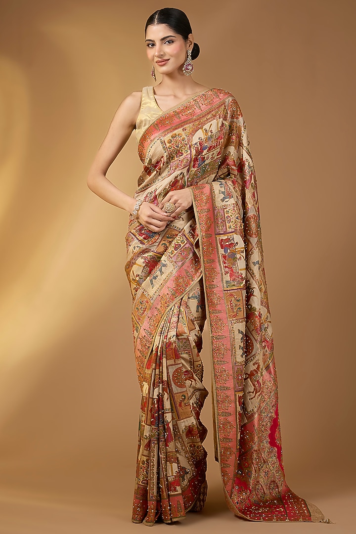 Beige Pashmina Silk Peacock Motif Party Wear Saree Set by NARMADESHWARI at Pernia's Pop Up Shop