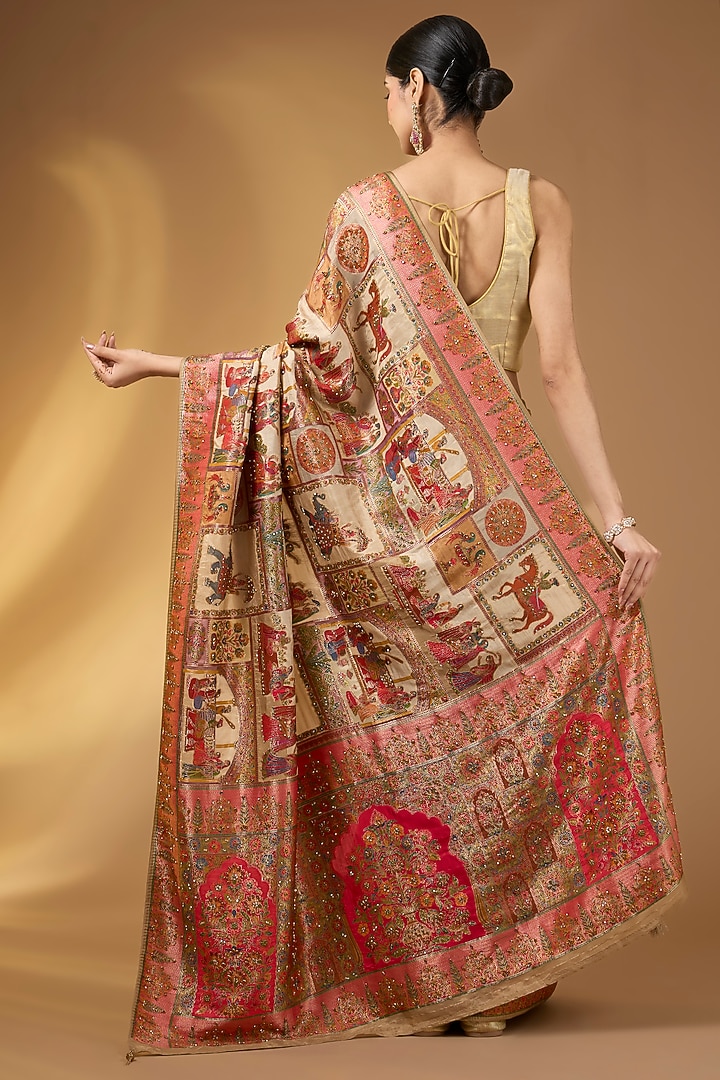 Beige Pashmina Silk Peacock Motif Party Wear Saree Set by NARMADESHWARI at Pernia's Pop Up Shop