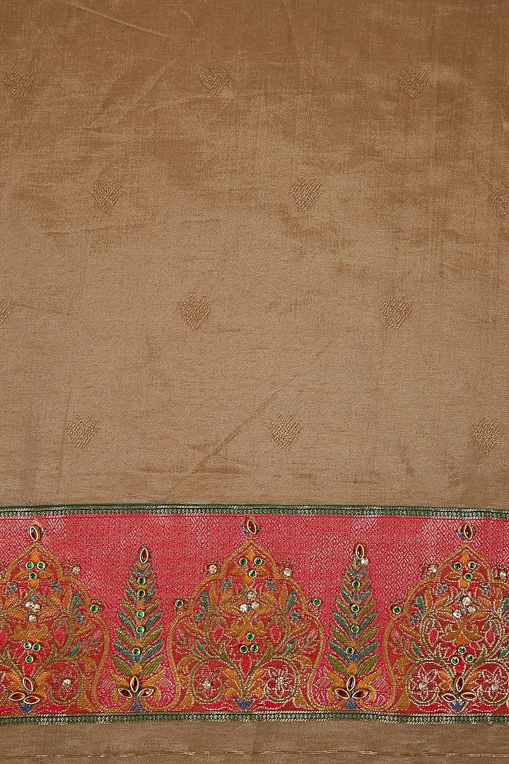 Beige Pashmina Silk Peacock Motif Party Wear Saree Set by NARMADESHWARI at Pernia's Pop Up Shop