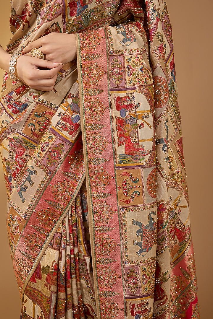 Beige Pashmina Silk Peacock Motif Party Wear Saree Set by NARMADESHWARI at Pernia's Pop Up Shop