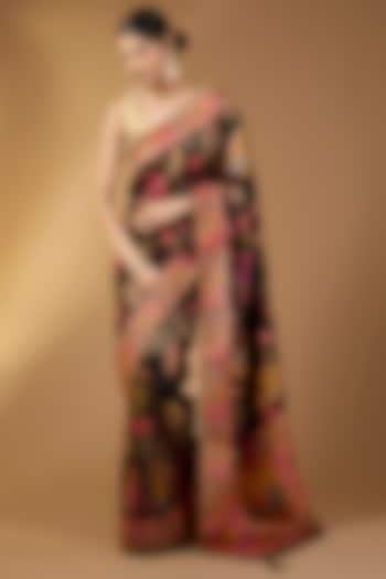 Deep Black Pashmina Silk Floral Party Wear Saree Set by NARMADESHWARI at Pernia's Pop Up Shop
