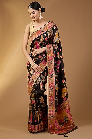 Deep Black Pashmina Silk Floral Saree Set by NARMADESHWARI