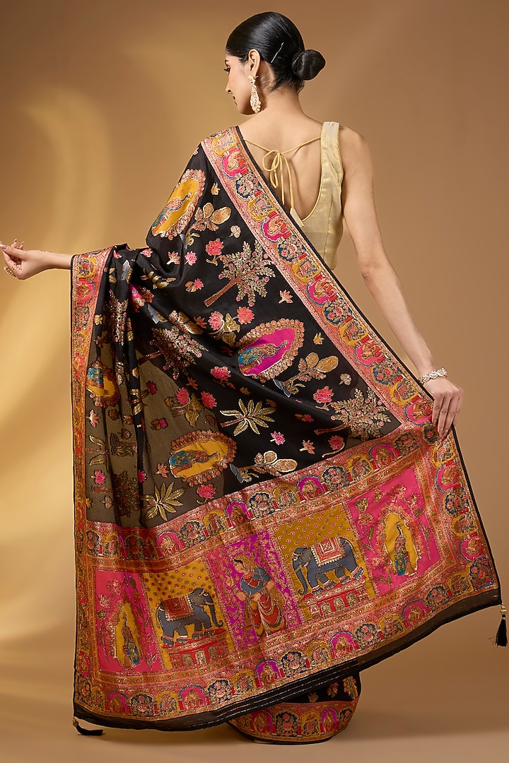 Deep Black Pashmina Silk Floral Party Wear Saree Set by NARMADESHWARI at Pernia's Pop Up Shop