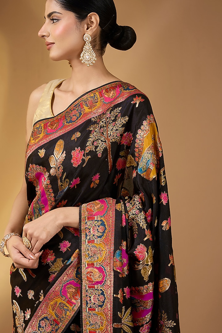 Deep Black Pashmina Silk Floral Party Wear Saree Set by NARMADESHWARI at Pernia's Pop Up Shop