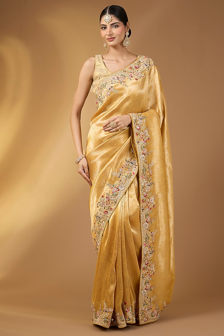 Yellow Tissue Silk Pearl Embellished Party Wear Saree Set by NARMADESHWARI at Pernia's Pop Up Shop
