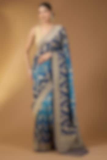 Blue Shaded Khadi Georgette Floral Jaal Festive Saree Set by NARMADESHWARI at Pernia's Pop Up Shop