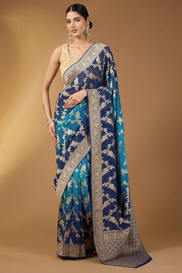 Blue Shaded Khadi Georgette Floral Jaal Festive Saree Set by NARMADESHWARI at Pernia's Pop Up Shop
