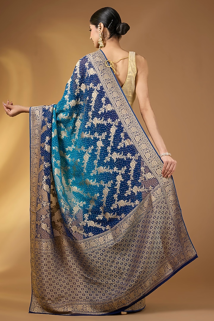 Blue Shaded Khadi Georgette Floral Jaal Festive Saree Set by NARMADESHWARI at Pernia's Pop Up Shop