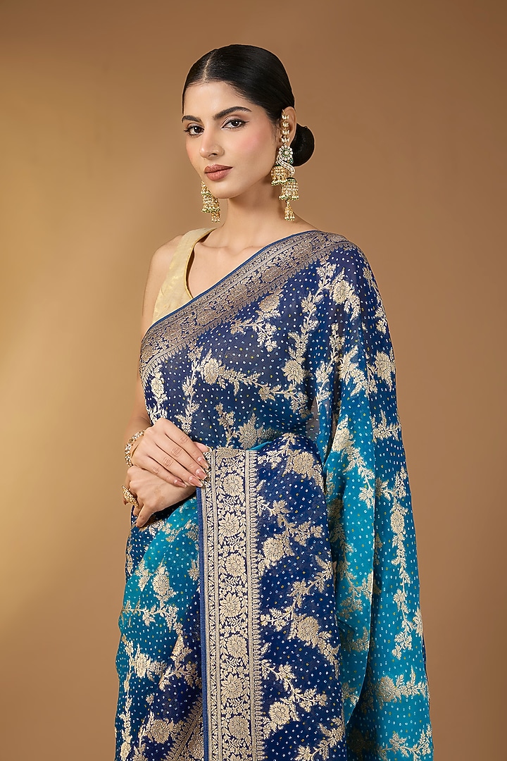 Blue Shaded Khadi Georgette Floral Jaal Festive Saree Set by NARMADESHWARI at Pernia's Pop Up Shop