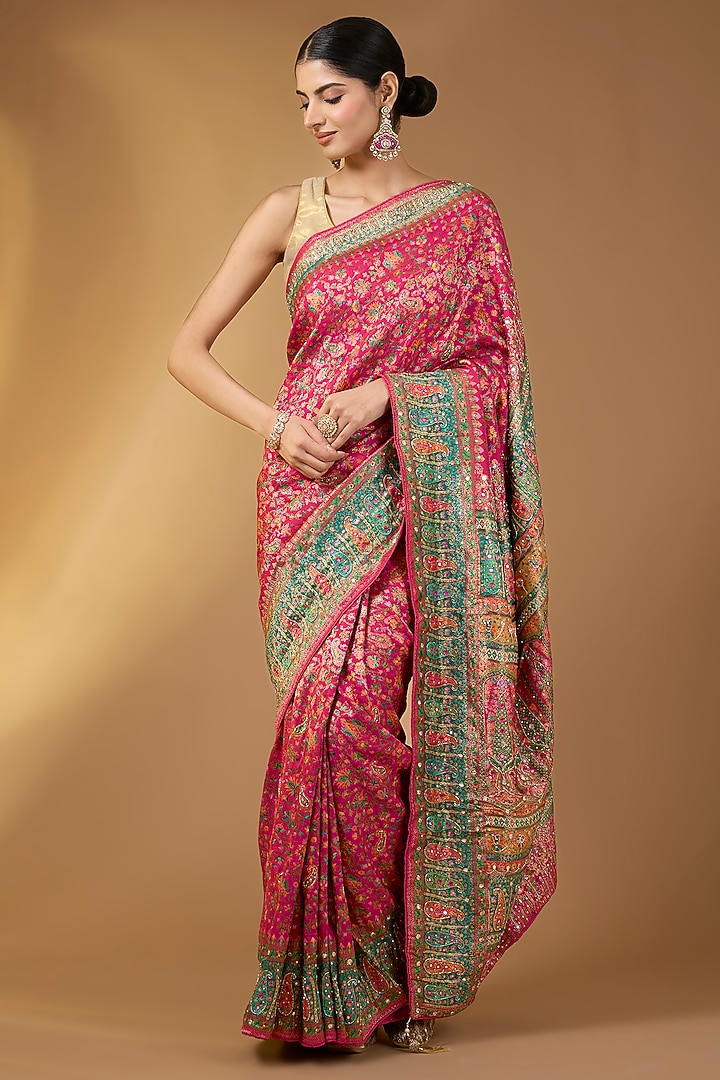 Magenta Pashmina Silk Floral Party Wear Saree Set by NARMADESHWARI at Pernia's Pop Up Shop