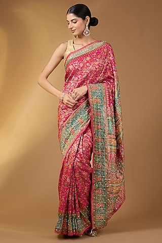 Magenta Pashmina Silk Floral Saree Set by NARMADESHWARI