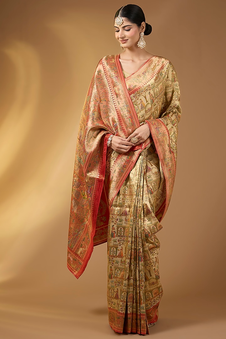 Beige Gold Crepe Silk Floral Party Wear Saree Set by NARMADESHWARI at Pernia's Pop Up Shop
