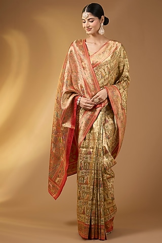 Beige Gold Crepe Silk Floral Saree Set by NARMADESHWARI