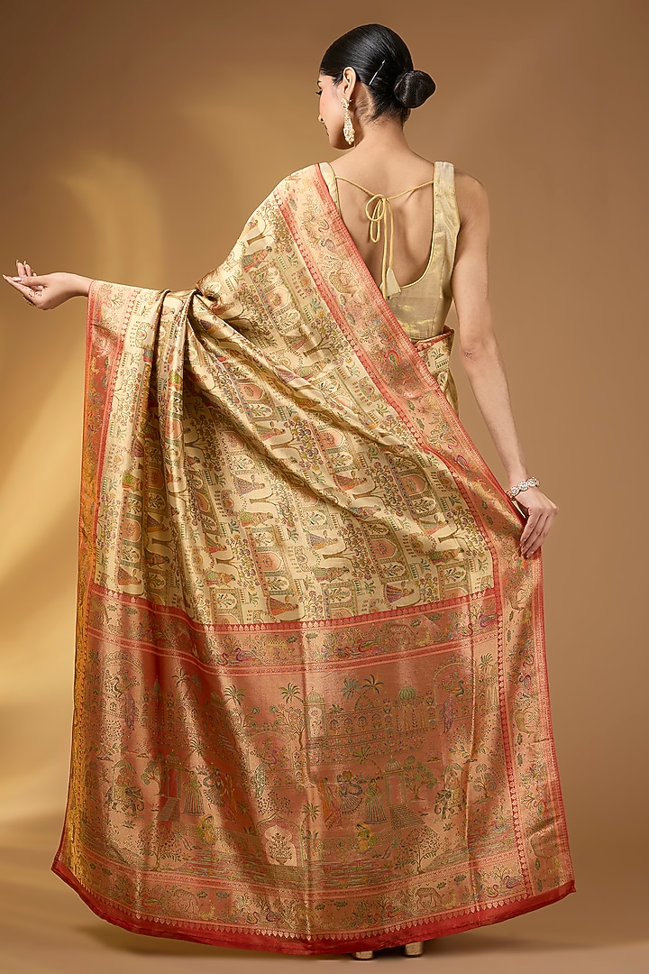 Beige Gold Crepe Silk Floral Party Wear Saree Set by NARMADESHWARI at Pernia's Pop Up Shop