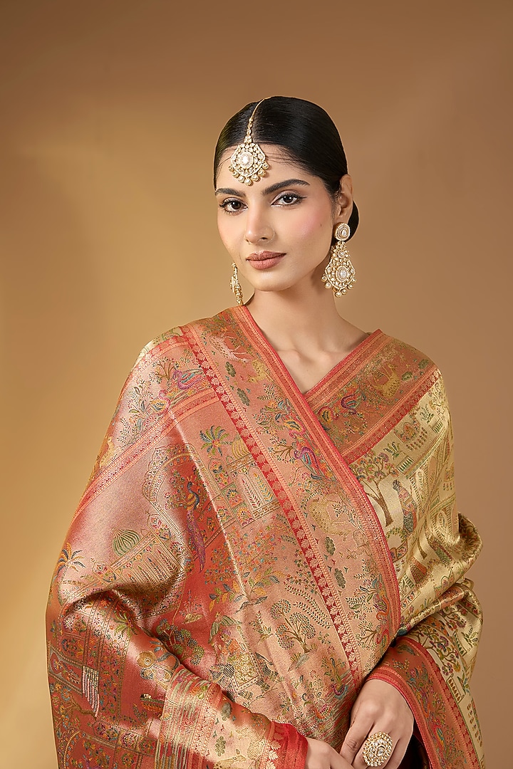 Beige Gold Crepe Silk Floral Party Wear Saree Set by NARMADESHWARI at Pernia's Pop Up Shop