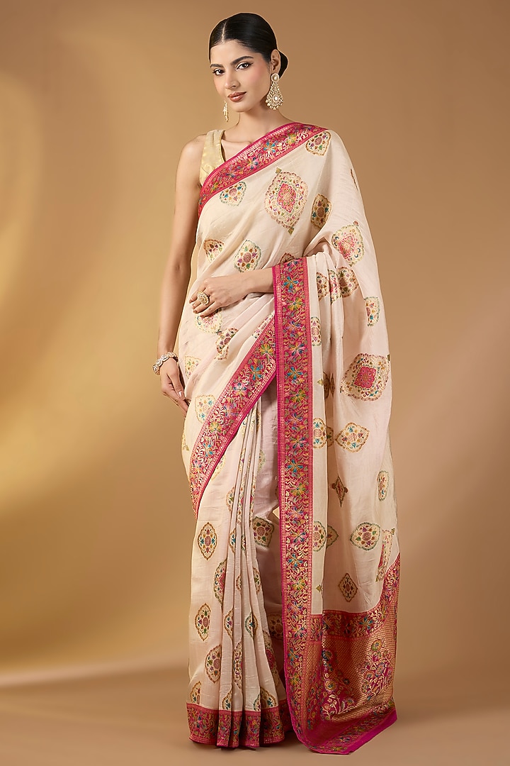 Cream Paper Silk Zari Work Party Wear Saree Set by NARMADESHWARI at Pernia's Pop Up Shop