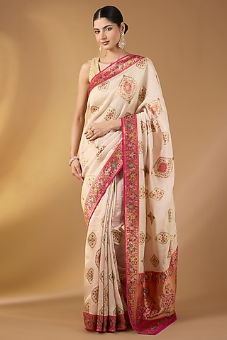 Cream Paper Silk Zari Work Saree Set by NARMADESHWARI