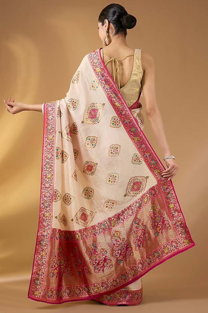 Cream Paper Silk Zari Work Party Wear Saree Set by NARMADESHWARI at Pernia's Pop Up Shop
